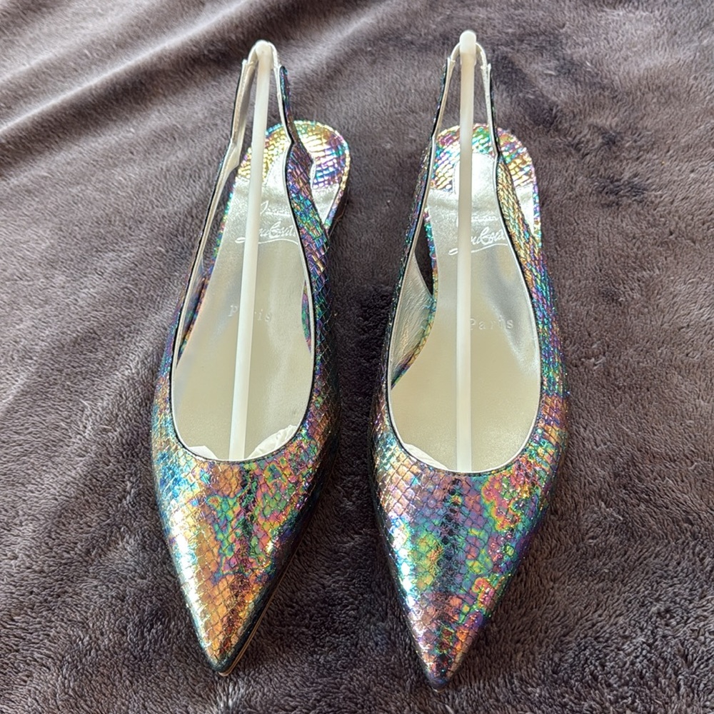 Christian Louboutin Hot Chickita Slingback Flats … Iridescent Silver … size 38